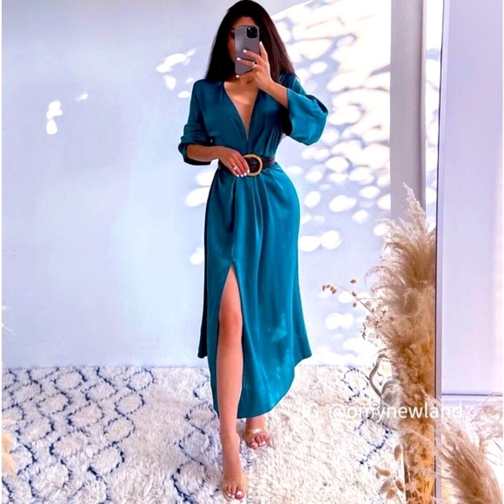 Zara Satin Teal Maxi Midi Wrap Dress- NWT- Large
